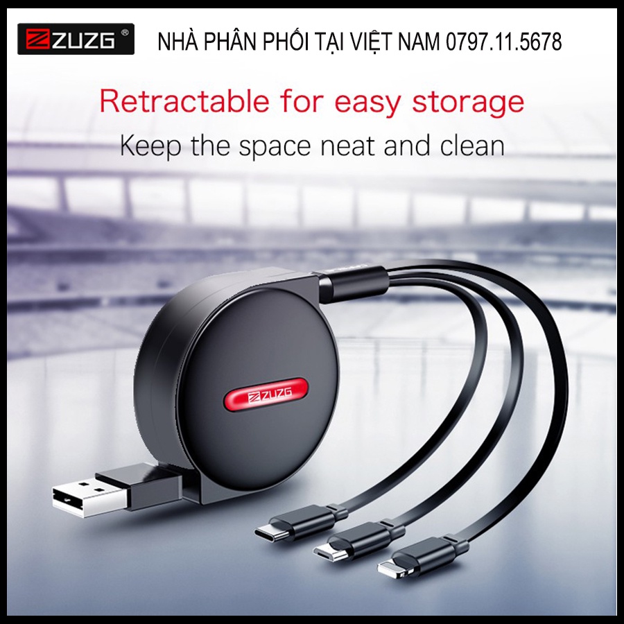 Cáp sạc dây rút 3 trong 1 ZUZG thiết kế mới lạ, có thể kéo dài rút ngắn, 1 dây 3 đầu sạc Micro, Type-C, Lightning