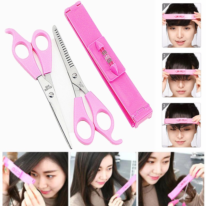 Bộ Kéo Cắt Tóc Mái Tiện Lợi, Dụng cụ cắt tóc 3 cái cho nữ với thước kẻ tóc hướng dẫn dễ thương cho tóc mái