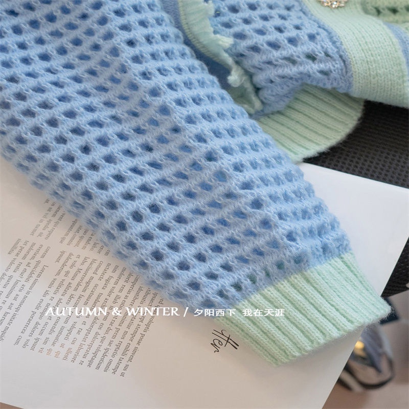 Áo Khoác Cardigan Dệt Kim Cổ Chữ V Màu Sắc Tương Phản Phong Cách Retro Dành Cho Nữ