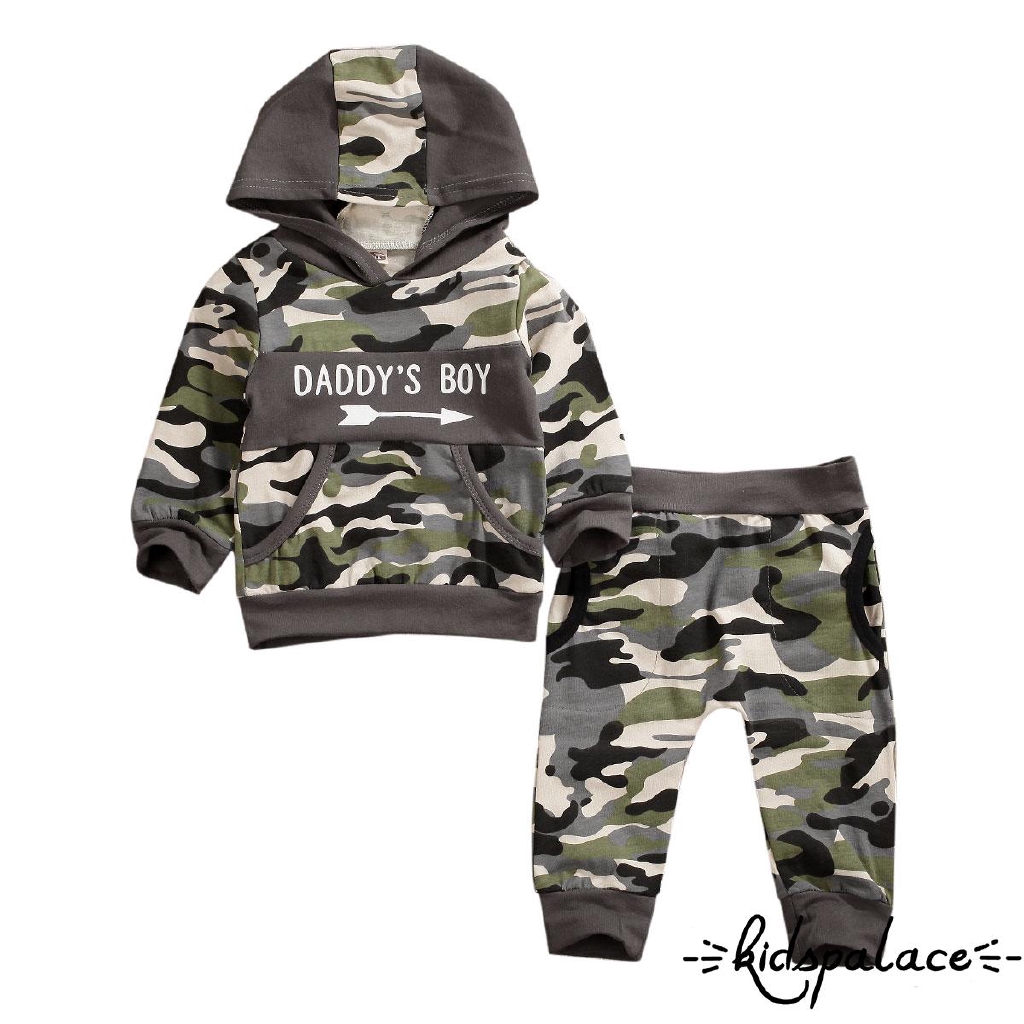 Bộ Áo Tay Dài Có Túi Giữ Ấm 2 Tay Và Nón Hoodie Kẻ Sọc+Quần Dài Vải Thun Họa Tiết Camo Cho Các Bé Nhỏ Sơ Sinh