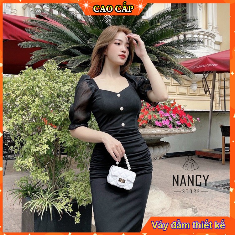 Váy đầm body cao cấp thiết kế cổ vuông tay lửng bồng