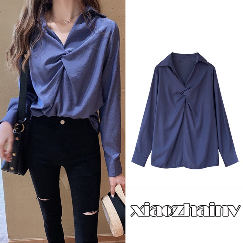 Xiaozhainv Áo kiểu nữ tay dài dáng rộng màu trơn hợp thời trang | BigBuy360 - bigbuy360.vn