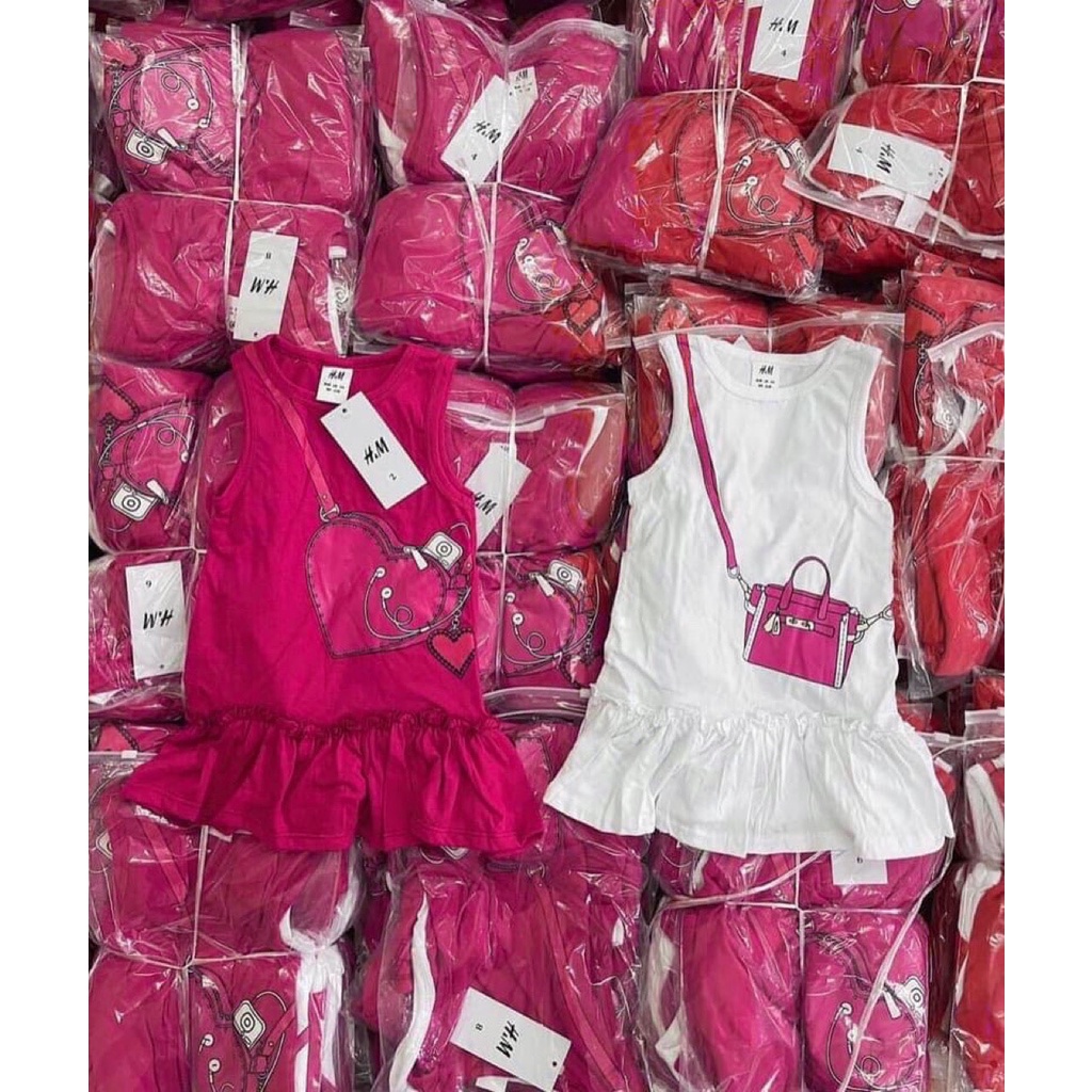 Váy bé gái cotton tầu đuôi cá hình in túi đeo chéo Trắng, Xanh và hồng sen XHN978
