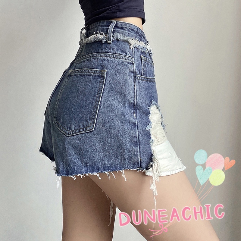 DUNEA Quần Short Denim Lưng Cao Phối Rách Kiểu Đường Phố Cá Tính Cho Nữ