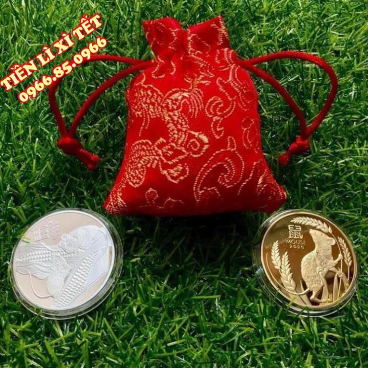 [PHONG THỦY] Cặp Tiền Xu Hình Con Chuột Úc Mạ Kim Loại Vàng Bạc - Tặng kèm túi đỏ hút lộc may mắn