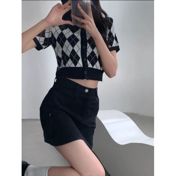 |ORDER TAOBAO| Áo thun croptop len gân họa tiết ô vuông
