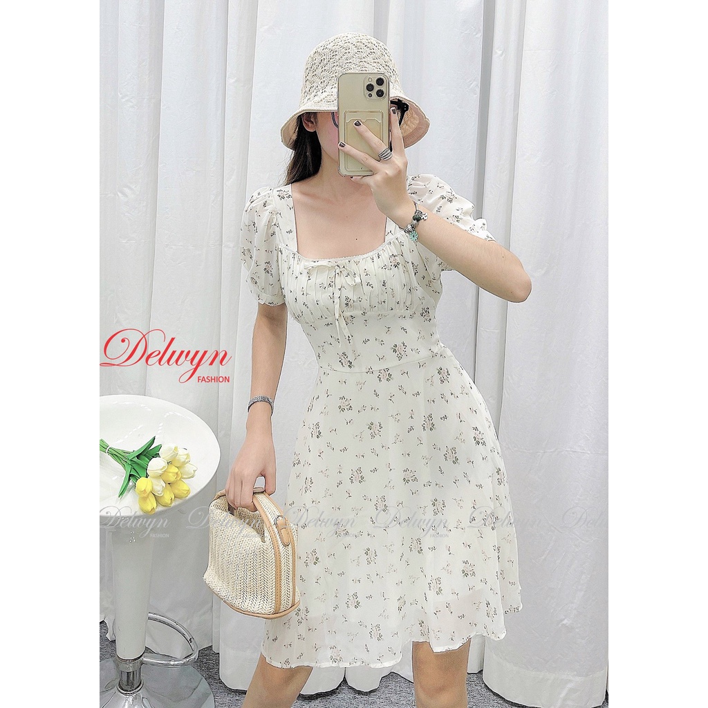 Đầm voan 2 lớp nhún ngực phối ren, tay phồng dành phong cách Hàn quốc