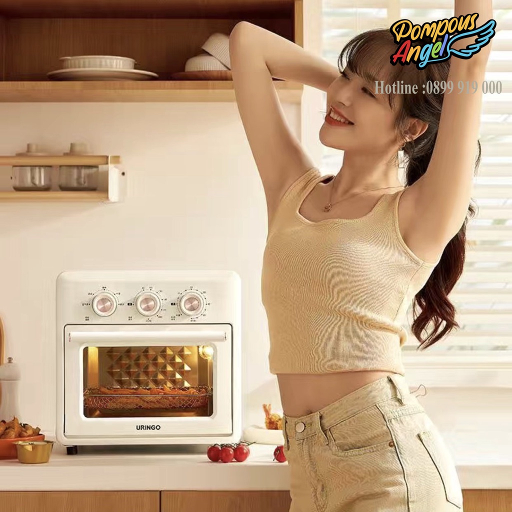 Nồi chiên không dầu kiêm lò nướng đối lưu đa năng URINGO KK01 1200W màu trắng chính hãng 12th
