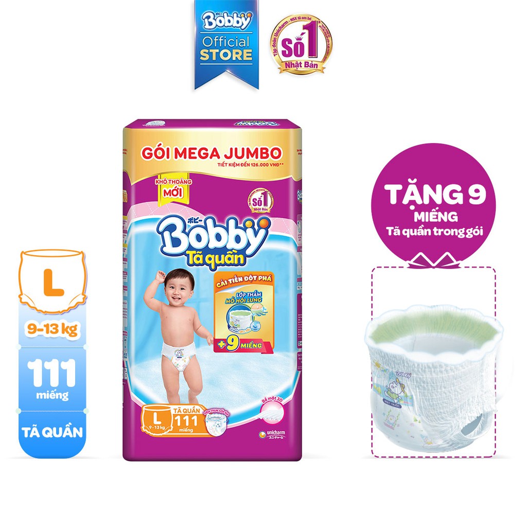 [Mã MKBOB60 giảm 10% đơn từ 400K] Tã quần Bobby - Đệm thấm lưng mồ hôi Mega Jumbo M124/L108/L111/XL96/XXL88