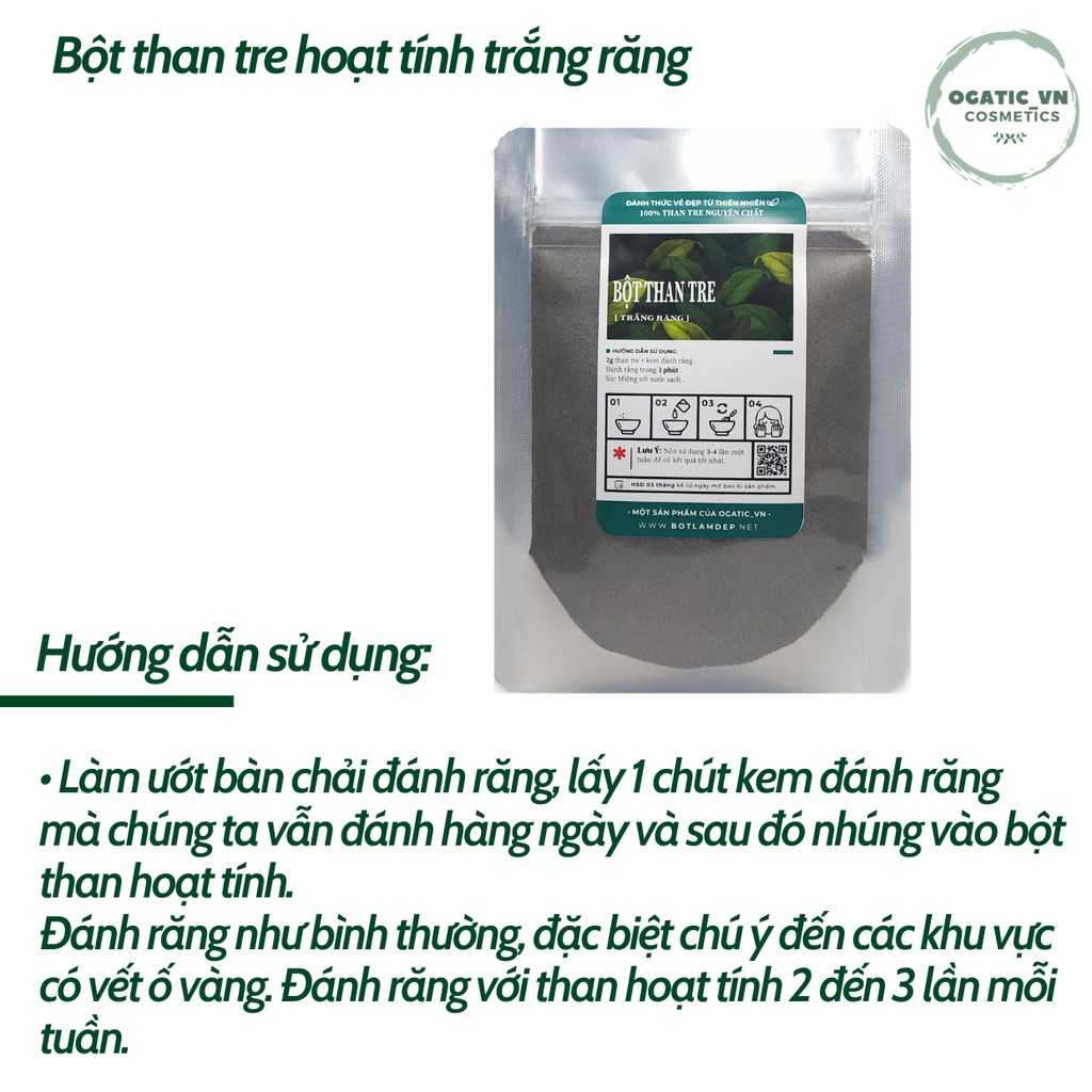 Bột than tre hoạt tính hữu cơ - Đánh răng trắng tự nhiên, loại bỏ mảng bám và cao răng 100gr