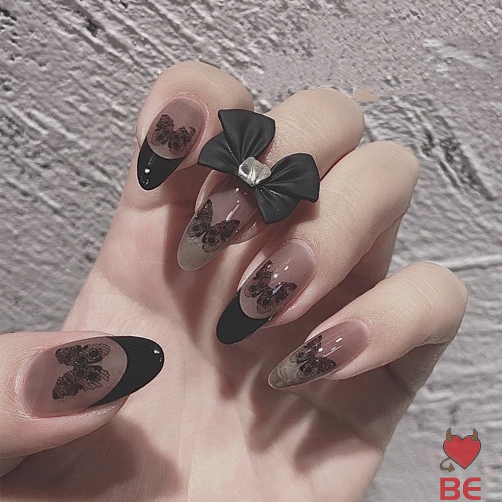 YADORNOS Bộ 24 móng tay giả họa tiết bươm bướm màu đen cá tính thời trang dành cho phái đẹp