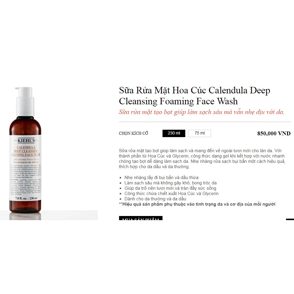 Kiehls tuýp mini Sữa Rửa Mặt Hoa Cúc Calendula Deep Cleansing Foaming Face Wash 30ml
