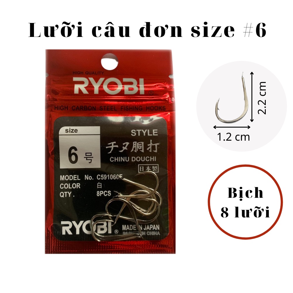 1 BỊCH lưỡi câu cá đuôi dẹp chinu Ryobi đủ size, bộ lưỡi đơn câu cá nhỏ bống đục cá sông mương (rô phi, trê, chép, sặc)