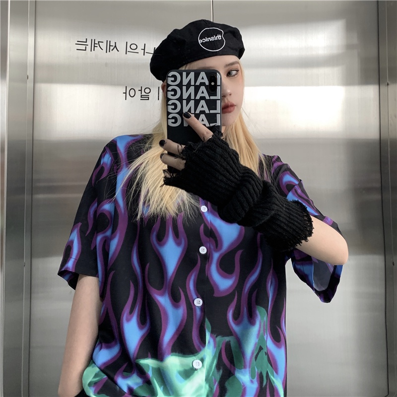 Áo sơ mi ZHELIHANGFEI tay ngắn dáng rộng màu sắc tương phản phong cách Mỹ hip hop cá tính thời trang mùa hè unisex