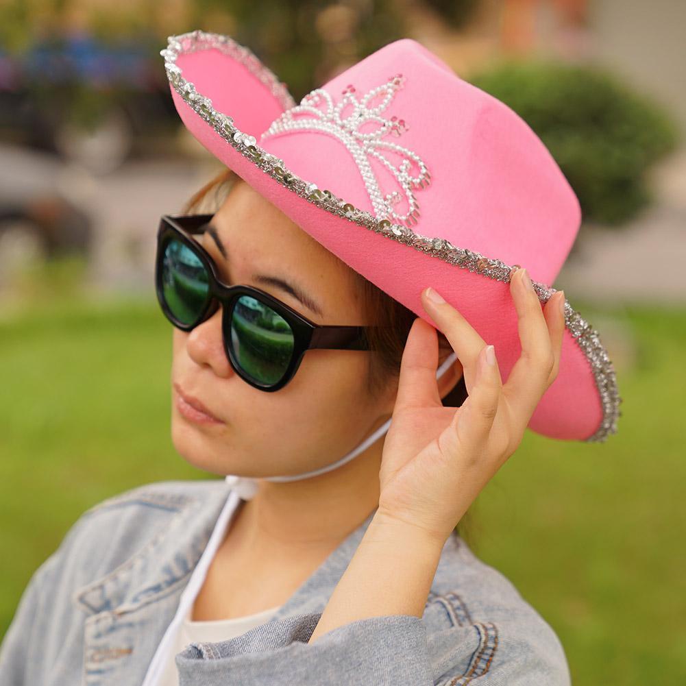 Mũ Cao Bồi Đính Kim Sa Hình Vương Miện Hồng