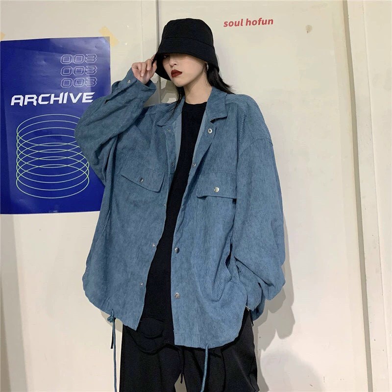 Áo Khoác Sơ Mi Nhung Có Túi Trước Form Rộng Phong Cách Hàn Quốc - La mode