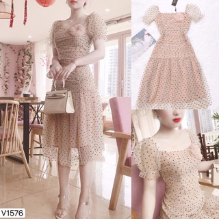 Đầm váy be ôm chấm bi v1576
