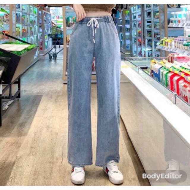 Quần baggy jean ống rộng lưng thun, không kén dáng, hình thật chụp sàn (màu nhạt)