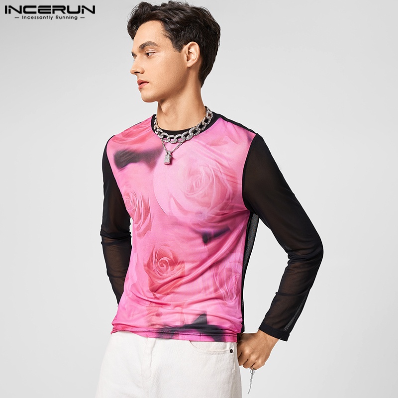 Áo thun Incerun phối lưới trong suốt tay dài in họa tiết trừu tượng thời trang cho nam