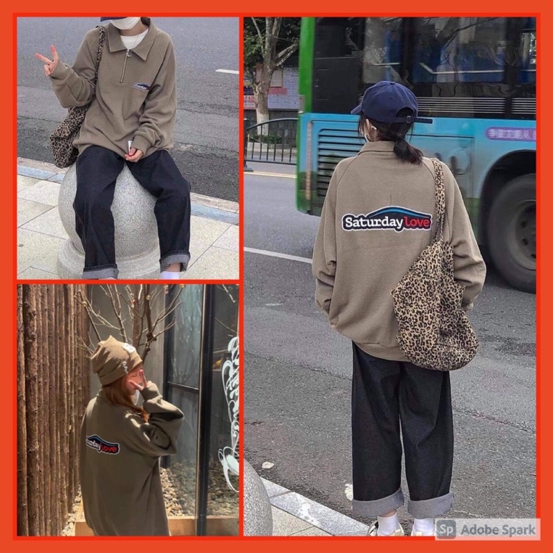 Áo Nỉ Zip Saturday Love  Nữ [FREESHIP] 🌸 Sweater cao cổ dài tay bồng, thun hoodie form rộng cá tính Ulzzang 🌸