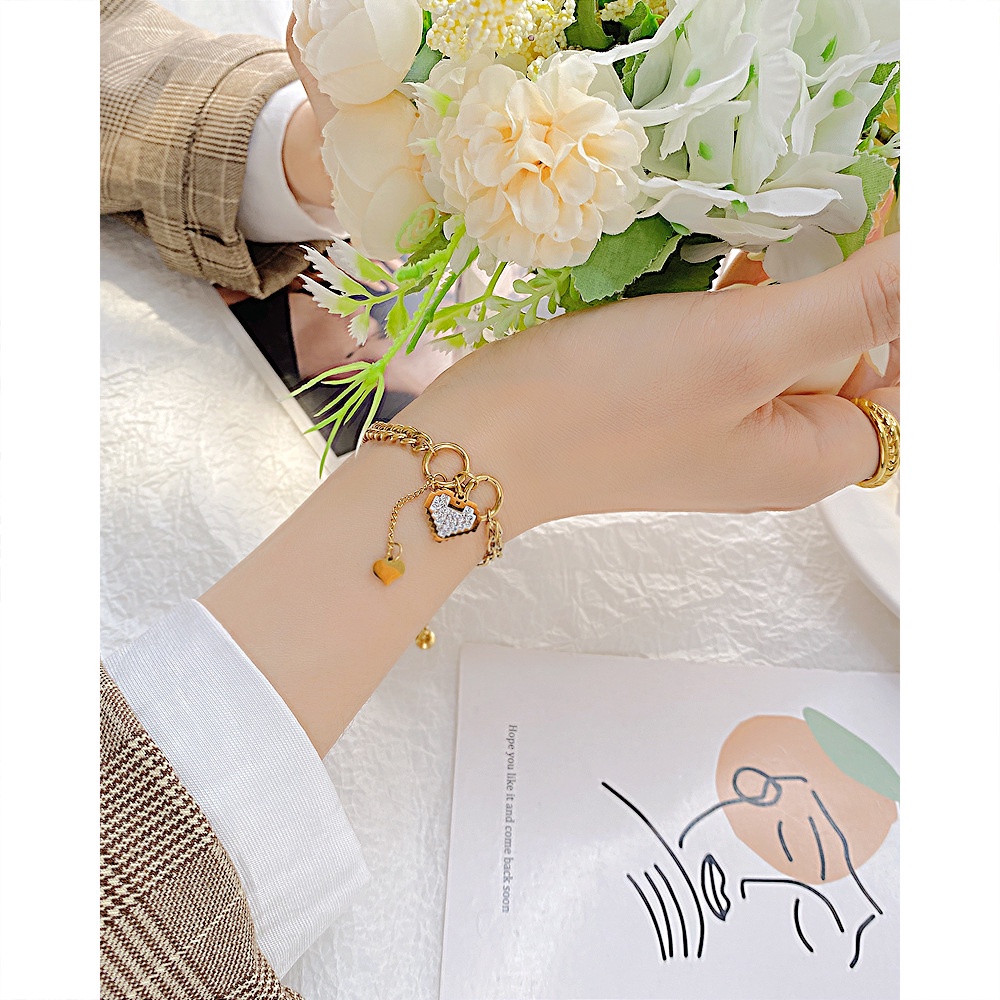 Vòng Tay Thép Titan Đính Đá Zircon Hình Trái Tim Thời Trang Mới Cho Bạn Gái