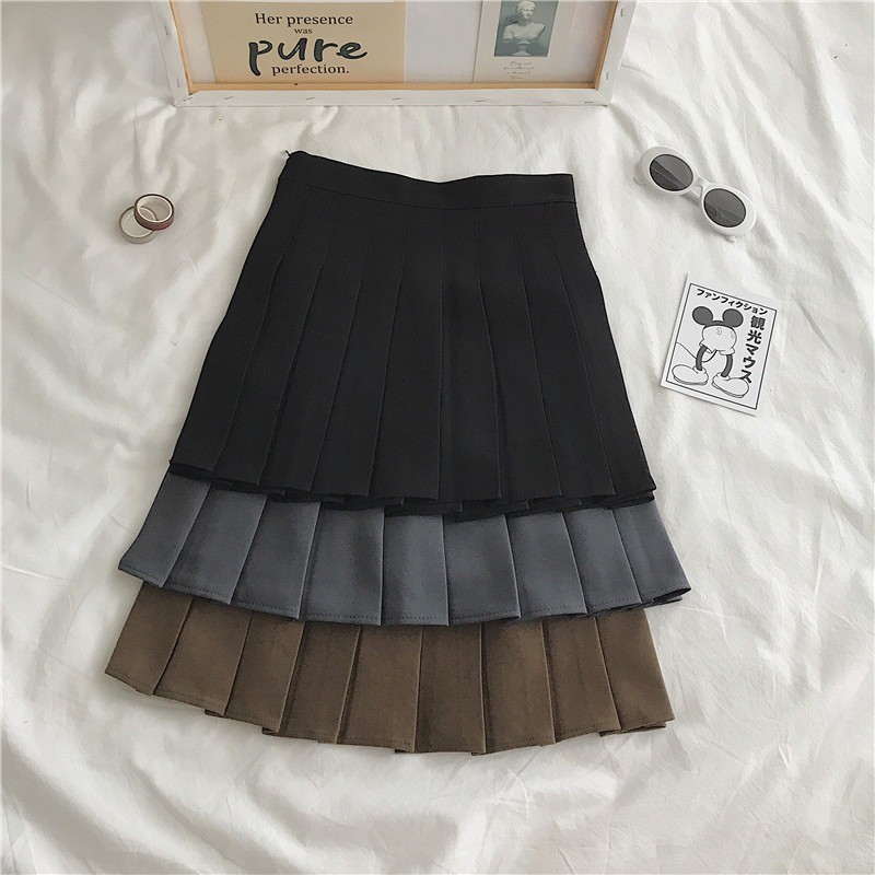 Chân váy cạp cao xòe ngắn xếp ly style nữ sinh Hàn Quốc màu trơn đơn giản