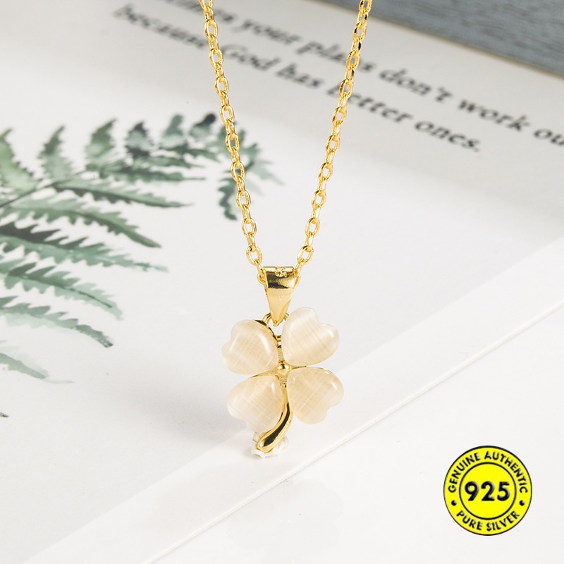 Vòng cổ Bạc 925 Mặt Cỏ Ba Lá Đính Đá Opal Sang Trọng Đơn Giản Cho Nữ