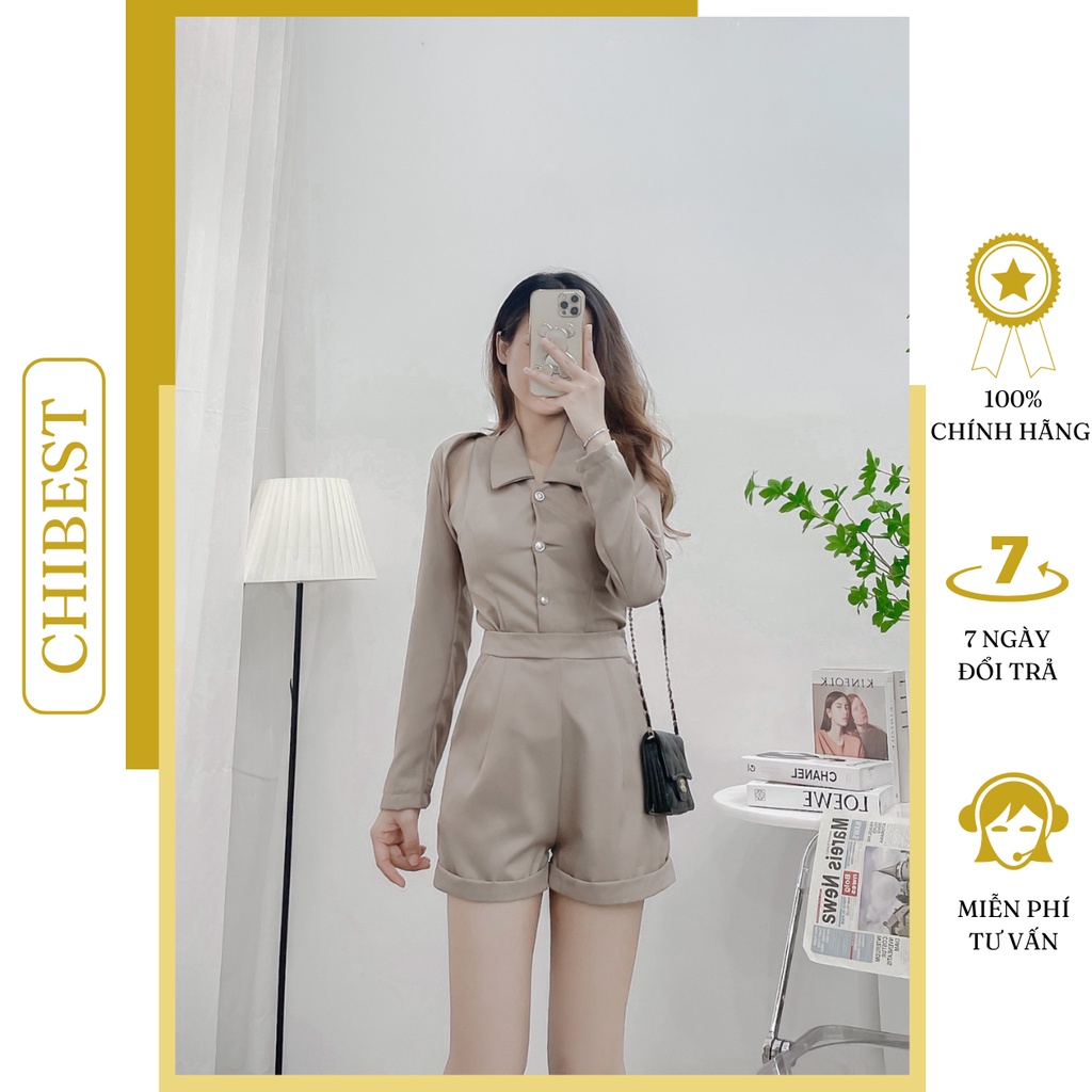 Set Bộ nữ short gấp line ống rộng 3 món khoác croptop CHIBEST HSB814