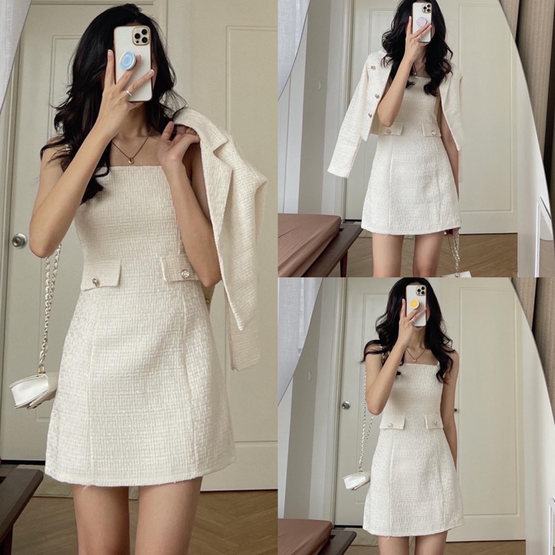 [Ảnh thật/Video] SET VÁY TWEED gồm váy hai dây kèm áo khoác ngoài xinh như tiểu thư | BigBuy360 - bigbuy360.vn