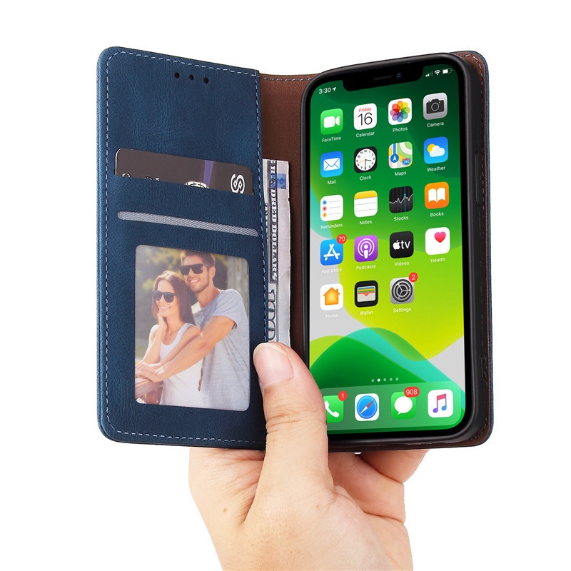 Bao da điện thoại nắp lật có ngăn đựng thẻ màu xanh dương cho iPhone 13 Mini 12 11 Pro Max X Xr Xs Max