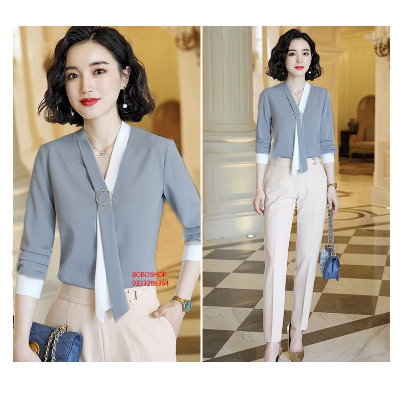 Áo sơ mi công sở ❣️FREESHIP❣️ Áo kiểu cổ khuyên tròn phong cách - Hàng thiết kế chuẩn