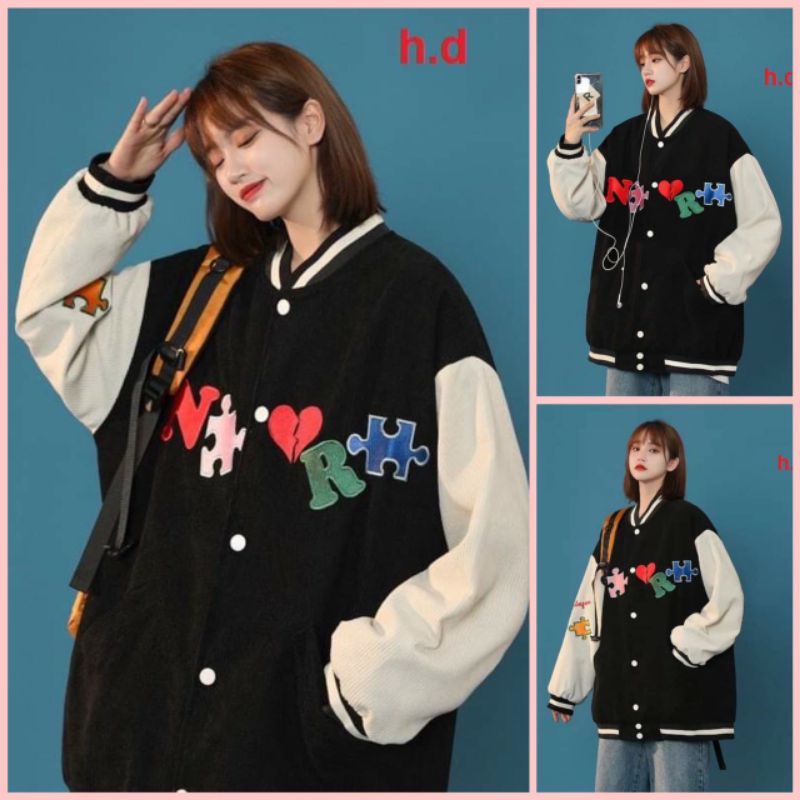 Áo Khoác Bomber Ns Tim đỏ cúc bấm nam nữJacket Unisex Chất nỉ vs gió Form &lt;55kgÁo Bóng Chày Phong cách Thể thao