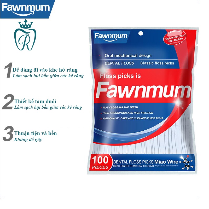 Tăm chỉ nha khoa Fawnmum sợi chỉ dày và căng vừa phải, độ ma sát cao dễ dàng làm sạch mảng bám túi 100 chiếc.