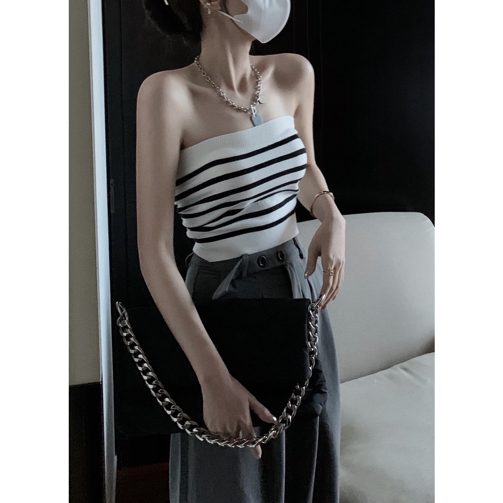 Porozi Áo croptop dệt kim in sọc phong cách Hàn Quốc cho nữ