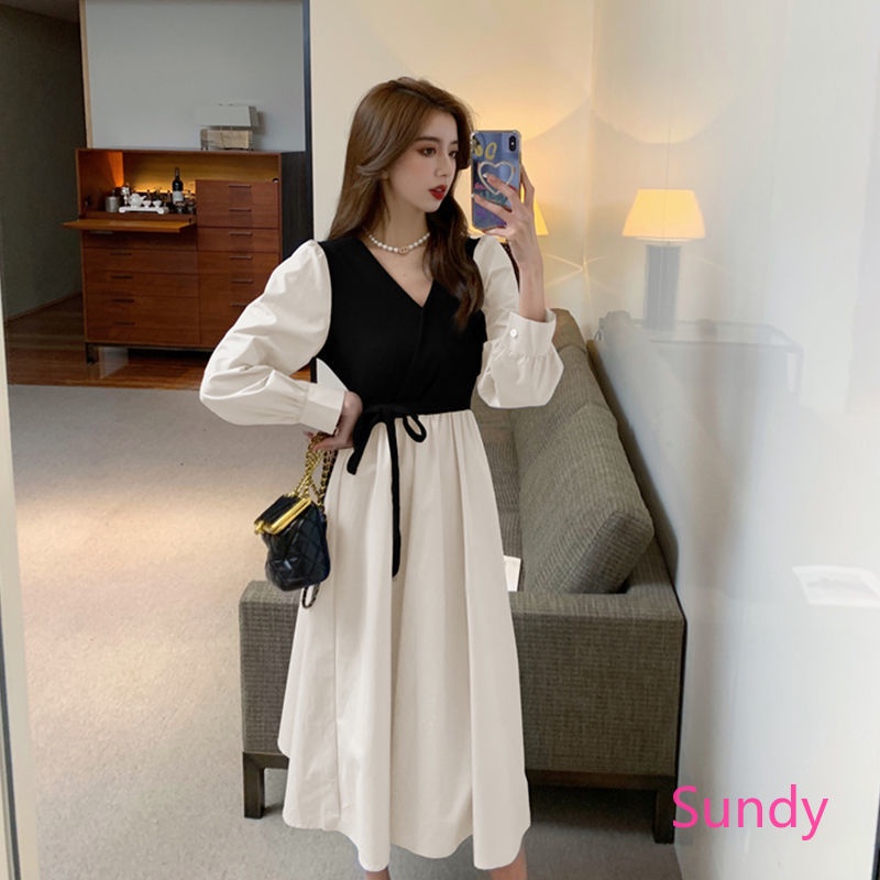 Đầm tay dài cổ chữ v thời trang mùa xuân phong cách hàn quốc cho nữ