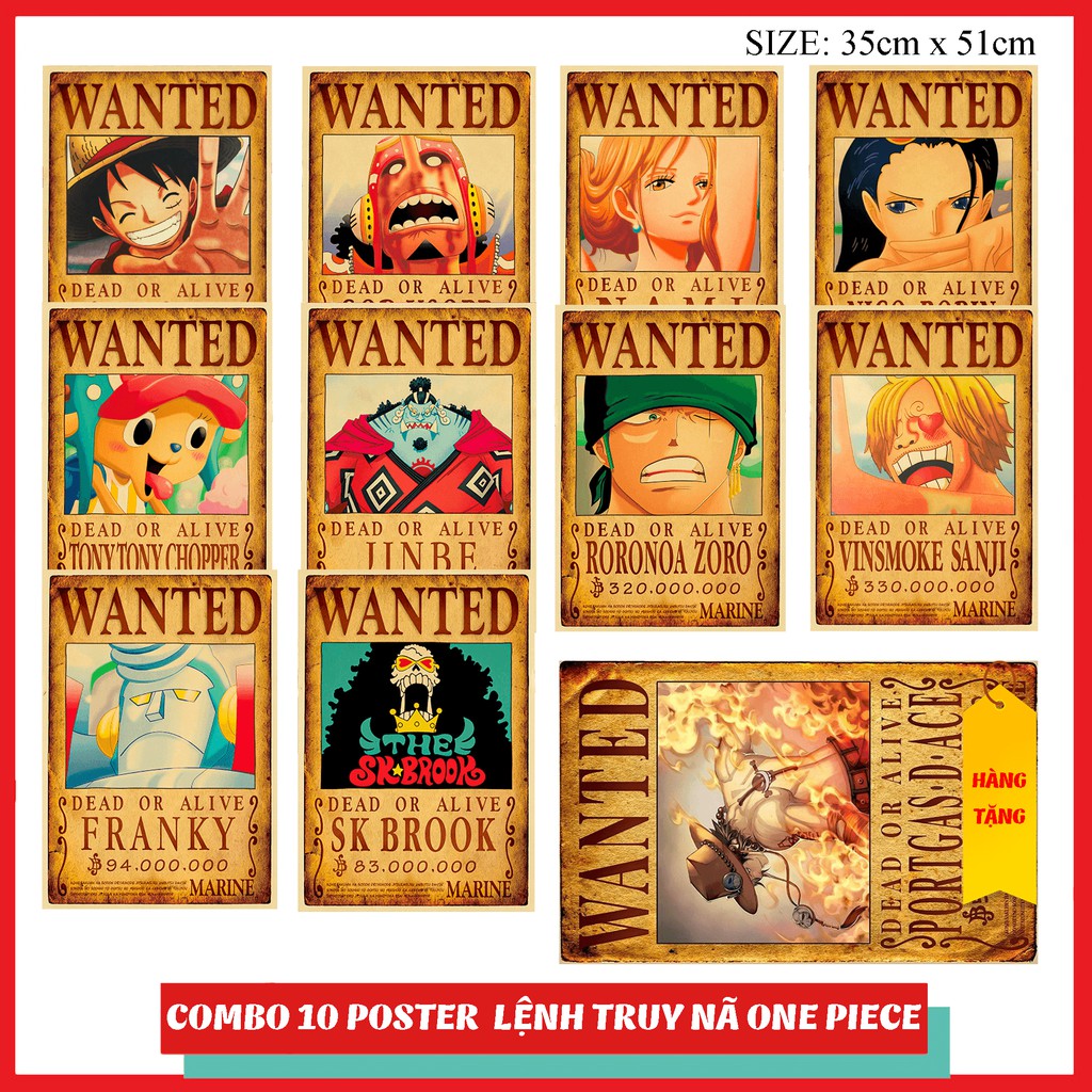 Bộ 10  Poster lệnh truy nã ONE PIECE (TỈ LỆ 1:1) - Mua 10 tặng 1 Poster nhân vật  ACE