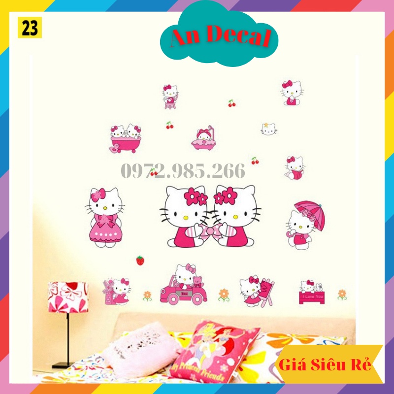 Tranh decal, decal dán tường trang trí phòng, tủ cho bé gái mèo hello kitty TE23
