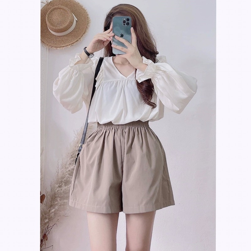 [Ảnh thật/Video]Set áo lụa nhúm bèo kèm quần nâu vintage Bộ đồ vintage nàng thơ | BigBuy360 - bigbuy360.vn