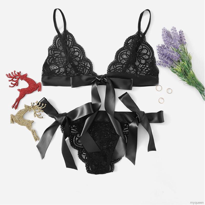 MYQUEEN Women's Bra Set Christmas Bow Lace Three Point Sexy Lingerie | BigBuy360 - bigbuy360.vn
