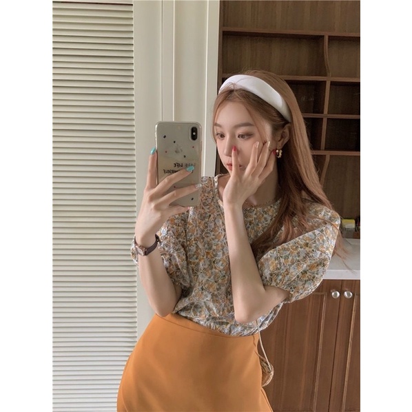 Set áo hoa tay bồng, chân váy cam