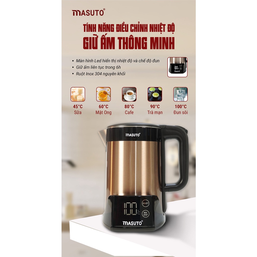 Ấm Siêu Tốc Masuto, 1,5L 2 Lớp, Chống Bỏng, Giữ Nhiệt 6 Tiếng, Tự động pha sữa cafe siêu ngon, Bảo hành 12 tháng