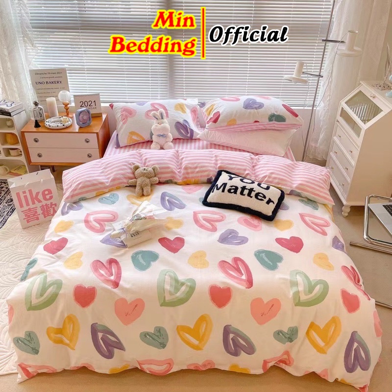 Combo Bộ chăn ga gối Cotton poly Trái Tym Hàn Quốc Mùa Tình Yêu M2, M4, M6, M8, 2M2 drap ga giường - Min Bedding
