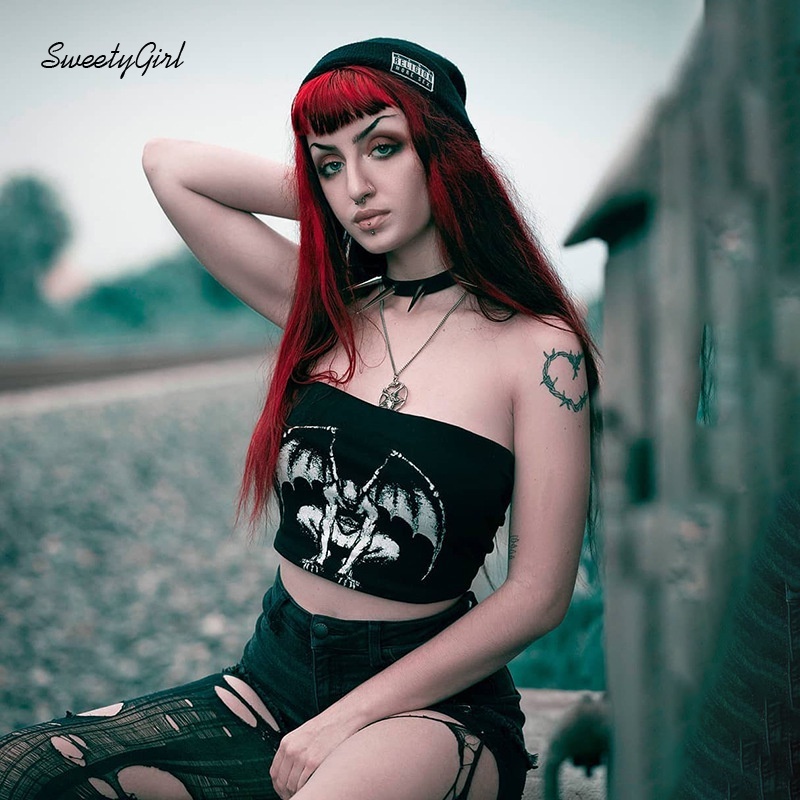 Áo kiểu ống ôm dáng hở vai in họa tiết phong cách punk cá tính thời trang dành cho nữ