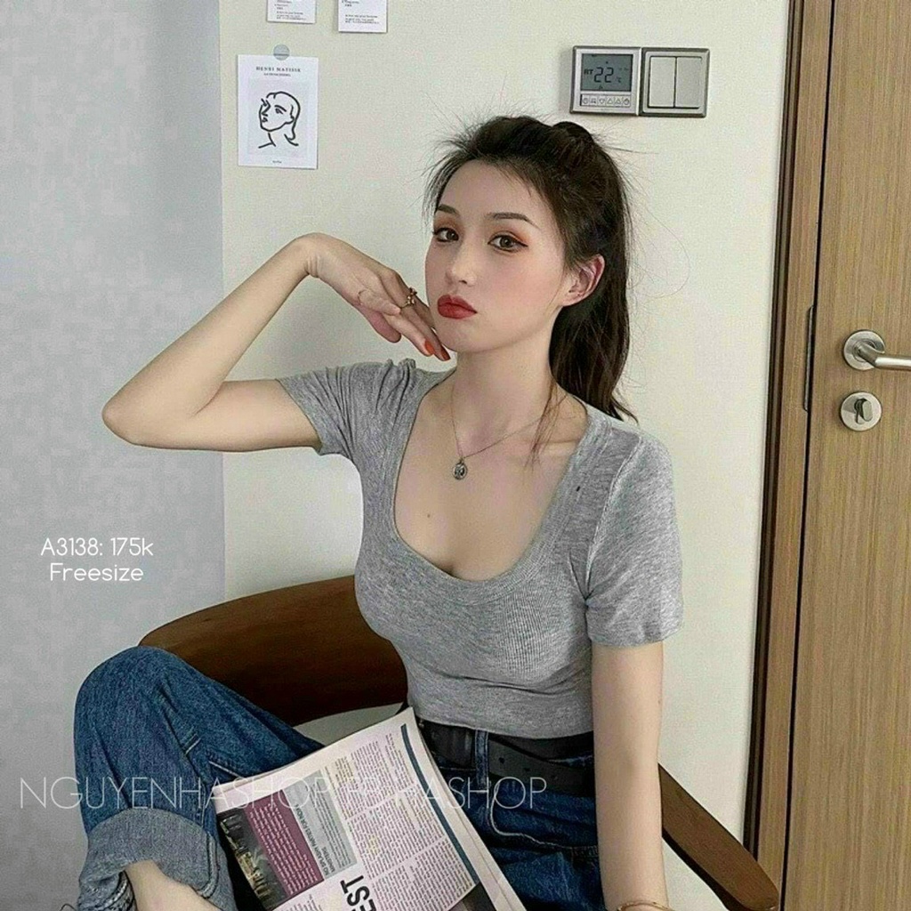 Áo kiểu tay ngắn cổ U trơn cực xinh , chất thun bozip mềm mịn