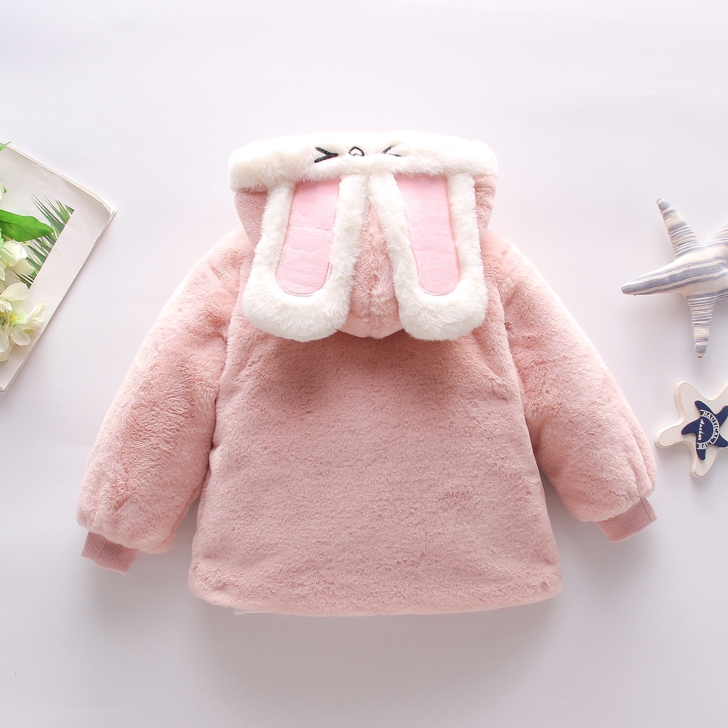 Áo sweater cotton màu trơn có mũ trùm đầu họa tiết thỏ hoạt hình dễ thương mẫu cho bé gái 1-4 tuổi