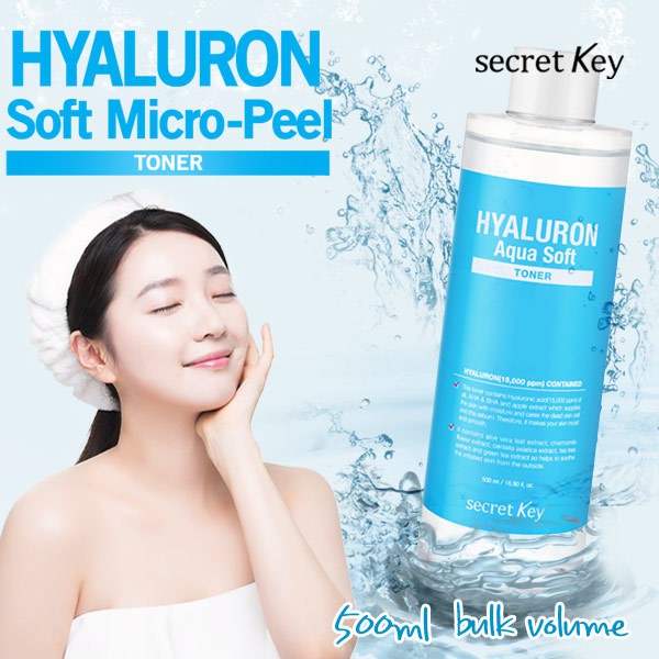 Nước hoa hồng cấp nước dưỡng ẩm da không chứa cồn Secret key Hyaluron Soft Micro-Peel Toner 500ml