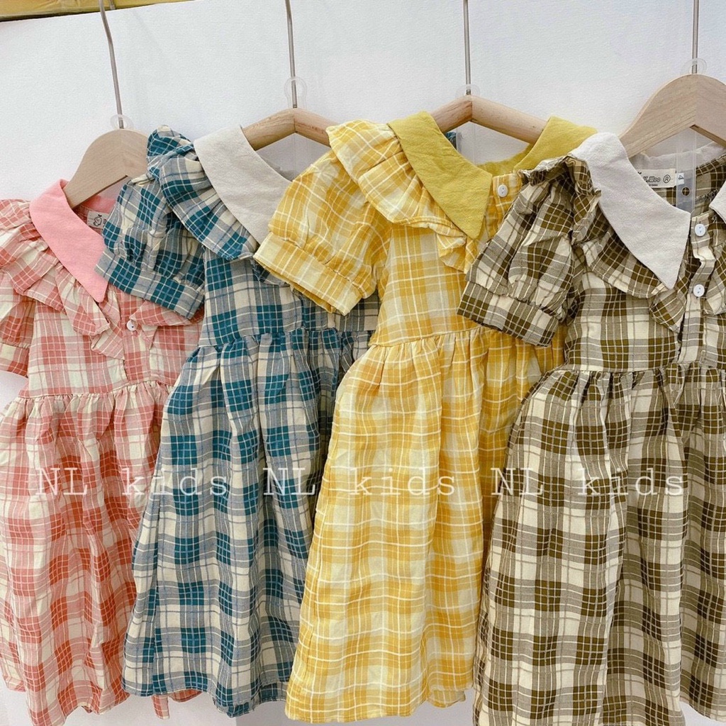 Váy hè cho bé gái size đại phối kẻ màu vàng tôn màu da