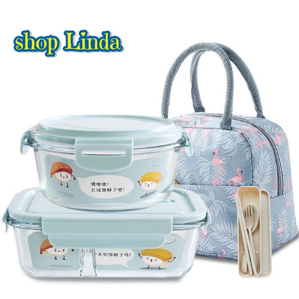 [Tặng túi+đũa thìa] Combo 2 Hộp Đựng Cơm Thủy Tinh Cao Cấp 1000ml 2 ngăn + 1 hộp tròn 660ml