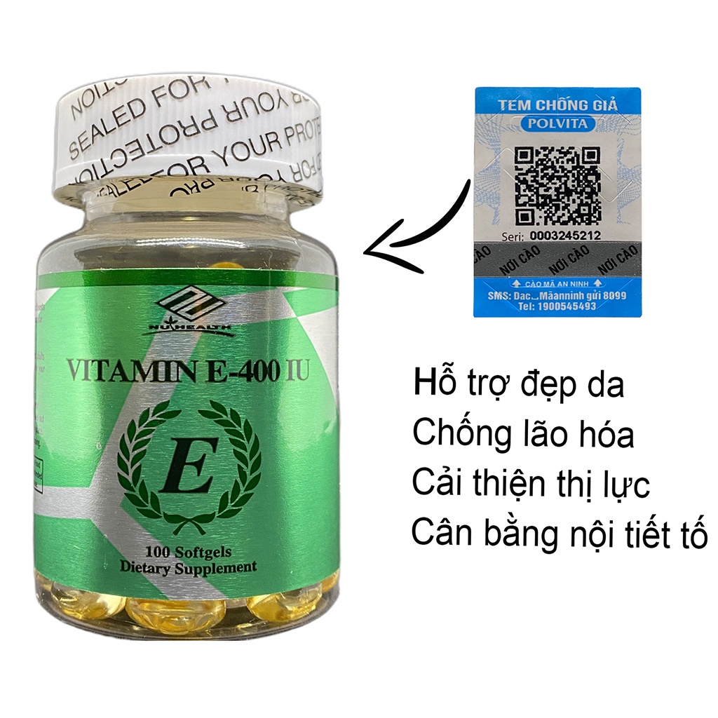 Viên uống đẹp da,Chống lão hóa trên da Vitamin E 400IU Nuhealth nhập khẩu chính hãng lọ 100 Viên