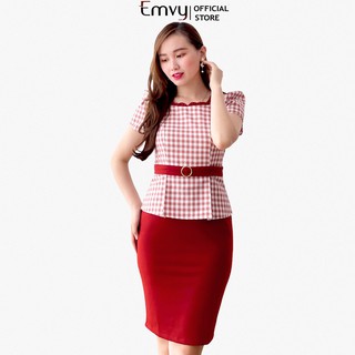 Đầm công sở caro liền thân cách điệu EMVY K94